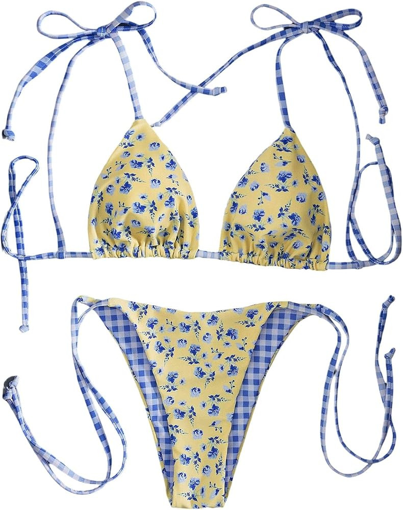 Verdusa Women's 2 Piece Floral Gingham Halter String Cute Bikini Set Cheeky Swimsuit Bathing Suit... | Amazon (US)