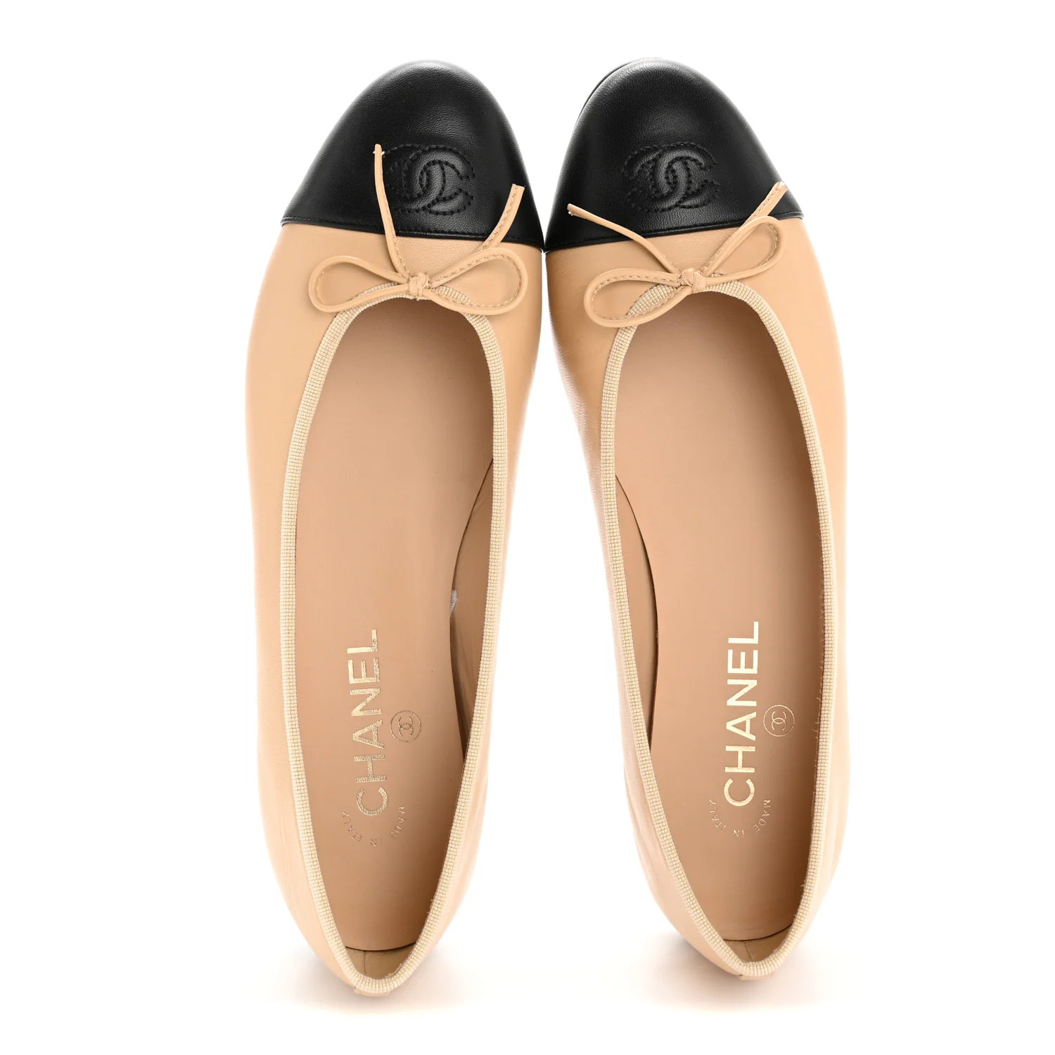 Chanel Lambskin Cap Toe CC Ballerina Flats 37 Beige Black 1741892 | FASHIONPHILE (US)