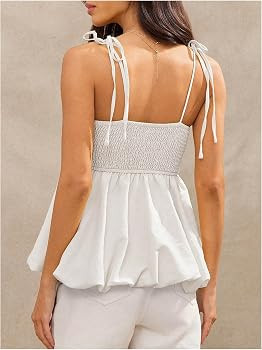 Floerns Women's Cute Bubble Hem Camisole Tie Shoulder Ruffle Cami Tank Top | Amazon (US)