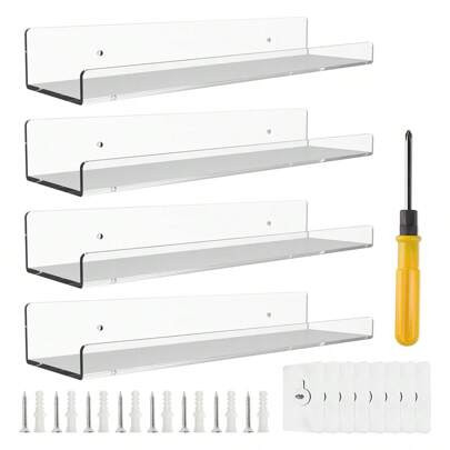 4/6/8/12 Pack 15'' Clear Acrylic Shelves For Wall Mounted Display Ledge Storage, Acrylic Floating Wall Shelves For Kids Book Shelves, Living Room, Bat | SHEIN