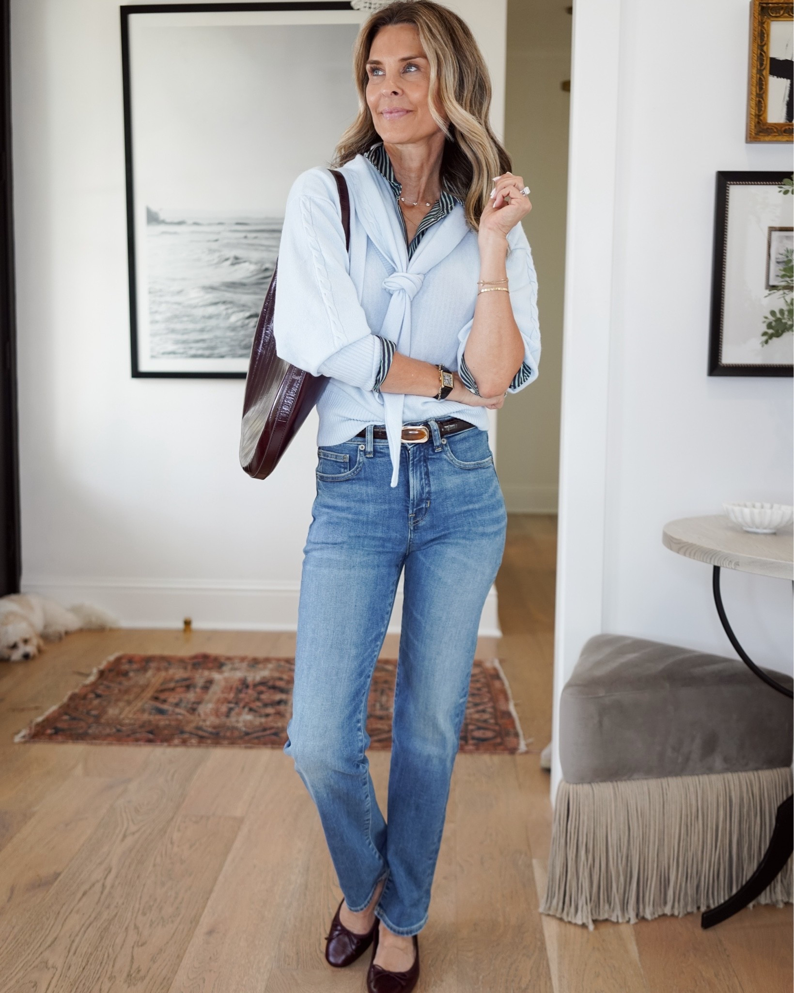 I’m 5’6
-baby blue sweater with attached scarf XS
-straight leg jeans XS
-burgundy leather flats 6.5
-blue and green striped button up XS

#LTKootd #LTKSeasonal #LTKOver40