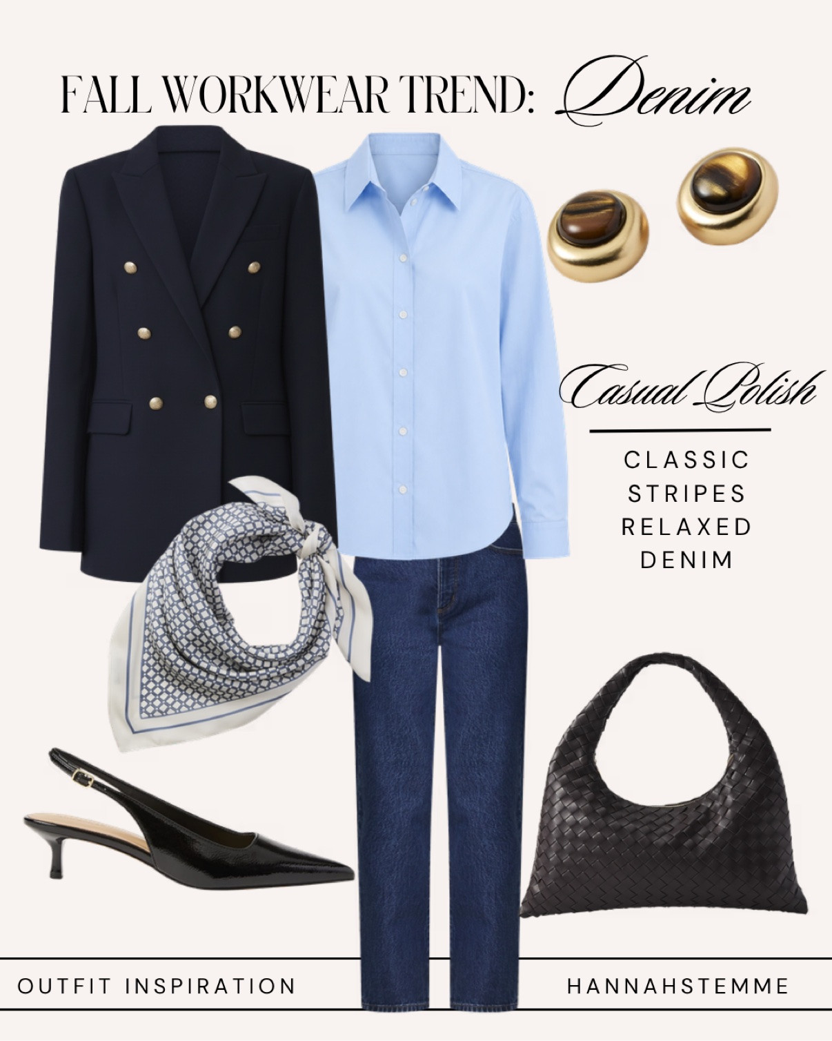 Fall workwear trend: leather pants. Dark brown leather pants styled with a light blue button-down shirt, an olive tweed cropped jacket with gold buttons, black pointed slingback heels and a black woven hobo bag. Ann Taylor is 30% off + an extra 15% off — shop this polished fall office outfit below! #leatherpantsoutfit #fallworkwear #officeoutfits #businesscasual