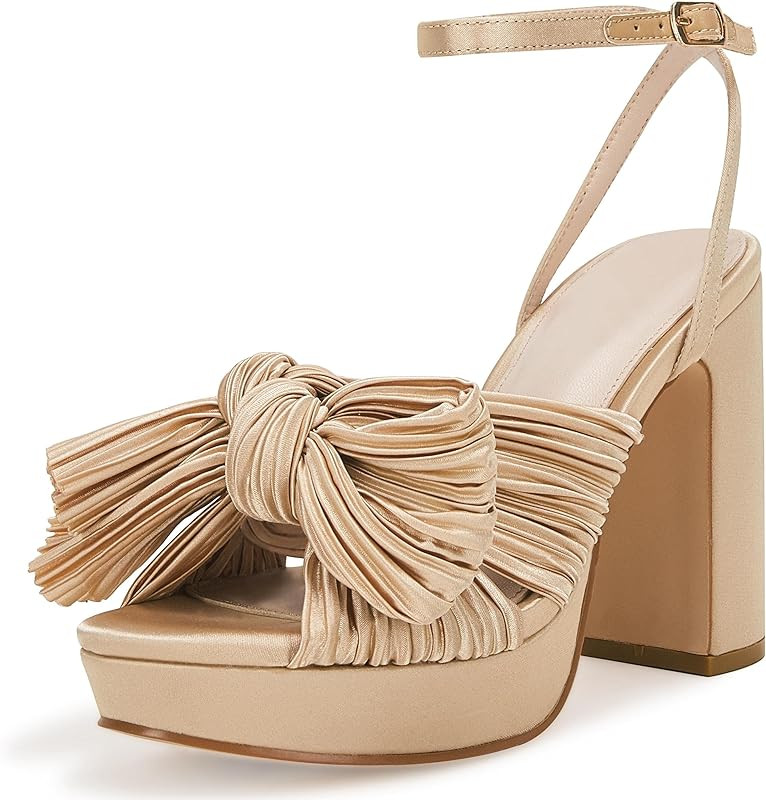 VETASTE Women's Pleated Bow Knot Platform Heeled Sandals Open Toe Chunky Block Heel Ankle Buckle ... | Amazon (US)