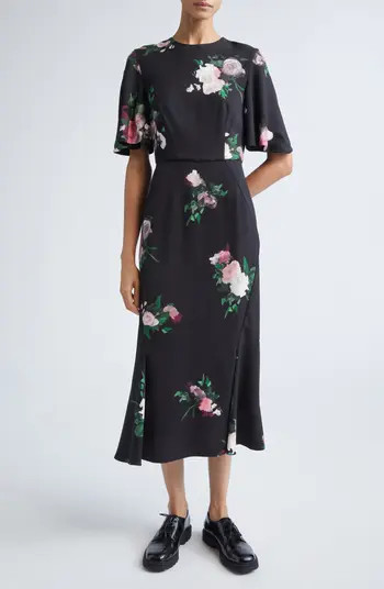 Erdem Floral Flutter Sleeve Stretch Cady Midi Dress | Nordstrom | Nordstrom