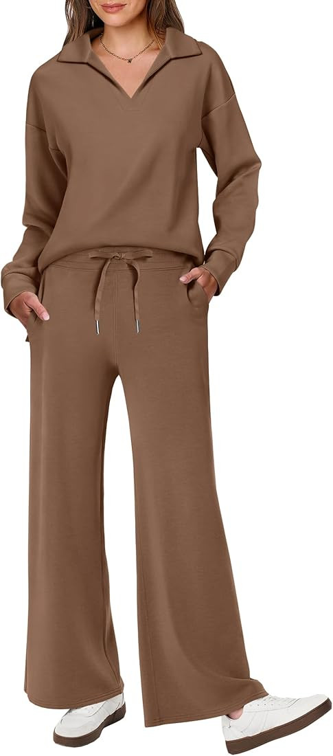 ANRABESS Women's 2 Piece Outfits Lounge Sets Casual Long Sleeve Sweatsuits Polo Top Wide Leg Pant... | Amazon (US)
