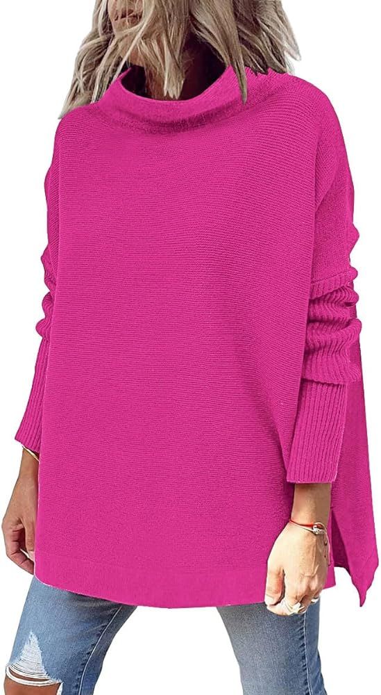 LILLUSORY Women's Mock Turtleneck Sweater Long Batwing Sleeve Split Hem Casual Oversized Knit Pul... | Amazon (US)