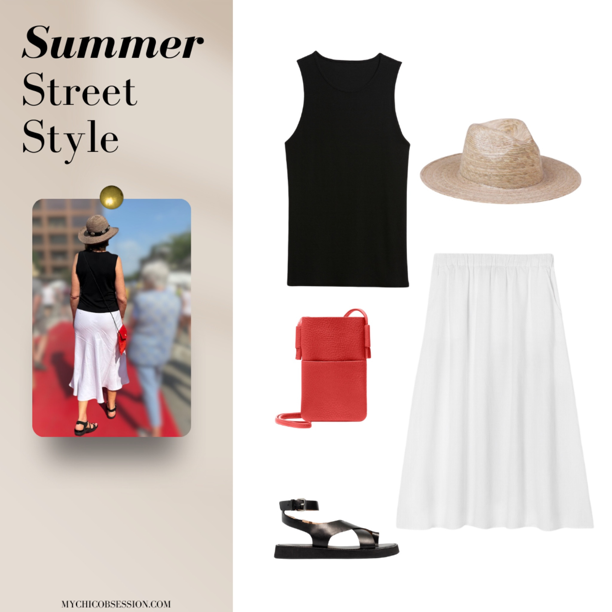In need of some stylish summer outfit ideas? These cute street style looks were spotted at the farmers market! Recreate these summer outfits or use them for inspo as you get dressed this season ✨ tank top, white midi skirt, sandals, red bag, straw hat 

#LTKFindsUnder100 #LTKSeasonal #LTKStyleTip