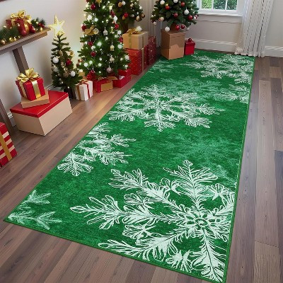 TackView Christmas Runner Rug 2' x 8' Washable with Non Slip TPR Backing, Snowflakes Xmas Decoration Carpets for Hallway Bedroom Kitchen, Green | Target