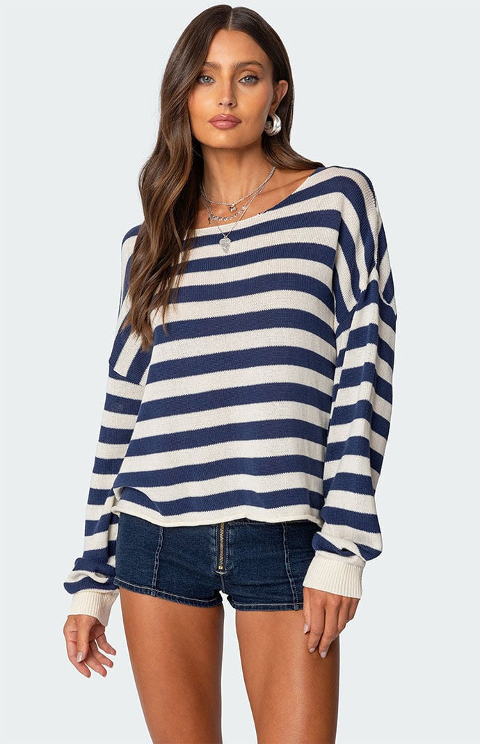 Edikted Women's Anney Oversized Striped Sweater in Off White/Blue - Size XS | PacSun