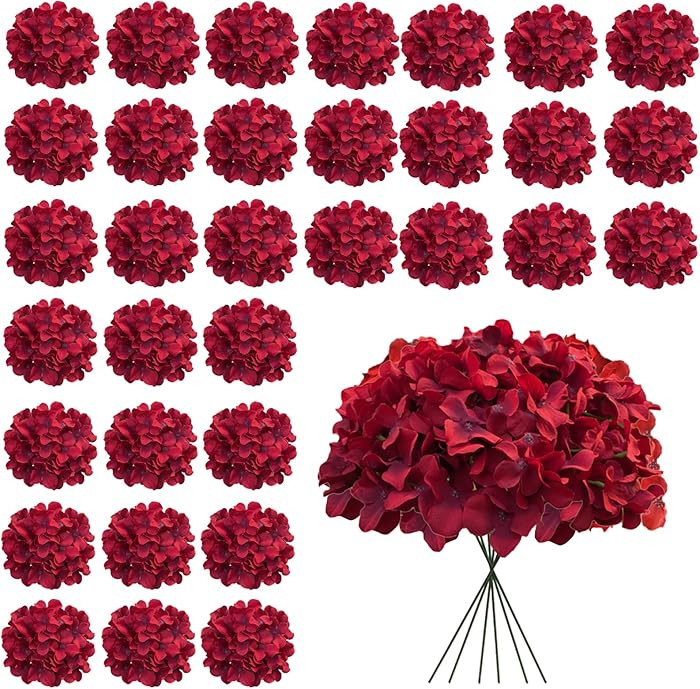 Dark Red Hydrangea Artificial Flowers Bulk, 30 Pcs Faux Hydrangea Flowers Heads, Artificial Fake ... | Amazon (US)