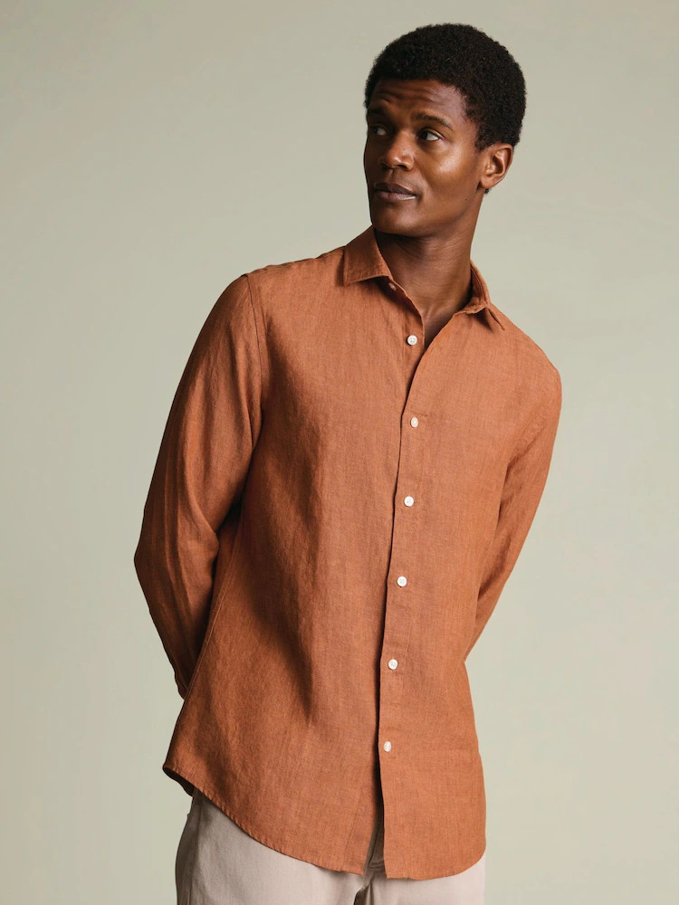 Charles Tyrwhitt Burnt Orange Plain Pure Linen Shorts Sleeve Shirt | Next US