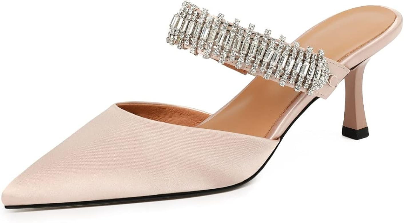 Women's Mule Slide Heels Rhinestones Strappy Stiletto Pumps Slip On High Heeled Sandals Closed Po... | Amazon (US)