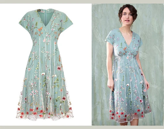 Embroidered Lace Dress in Ivory and Reef Meadow Flower Design | Etsy UK | Etsy (UK)