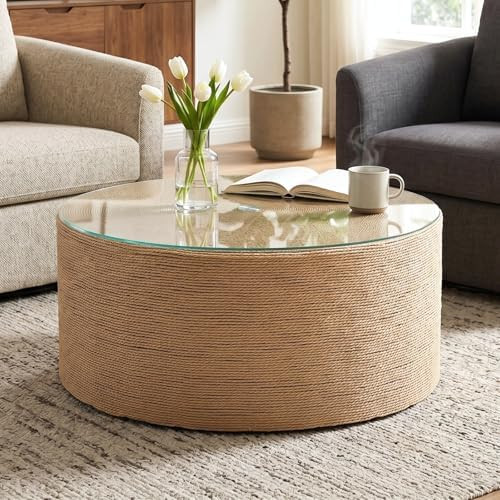 27.5” Round Coffee Table with Glass Top, Boho Woven Rope Drum Center Table with Wood Frame & Me... | Amazon (US)