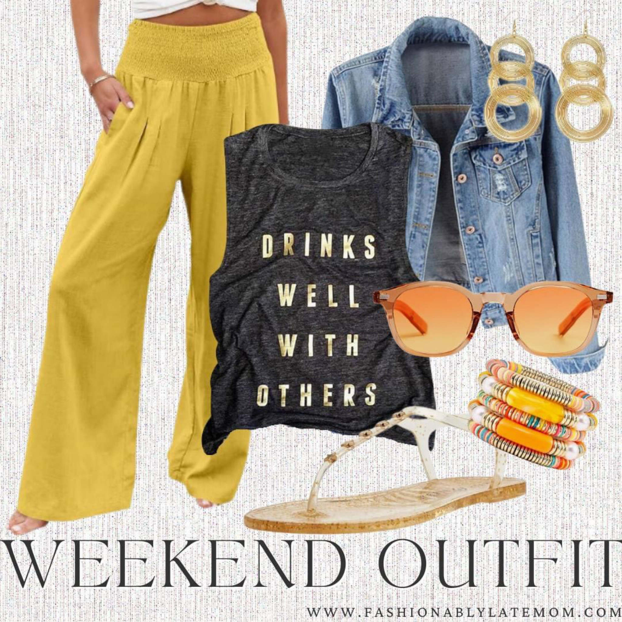 Weekend outfit
Fashionablylatemom 
Fashionably late mom 
Boho pants 
Jean jacket
Sandals 
Bracelet 
Sunglasses 