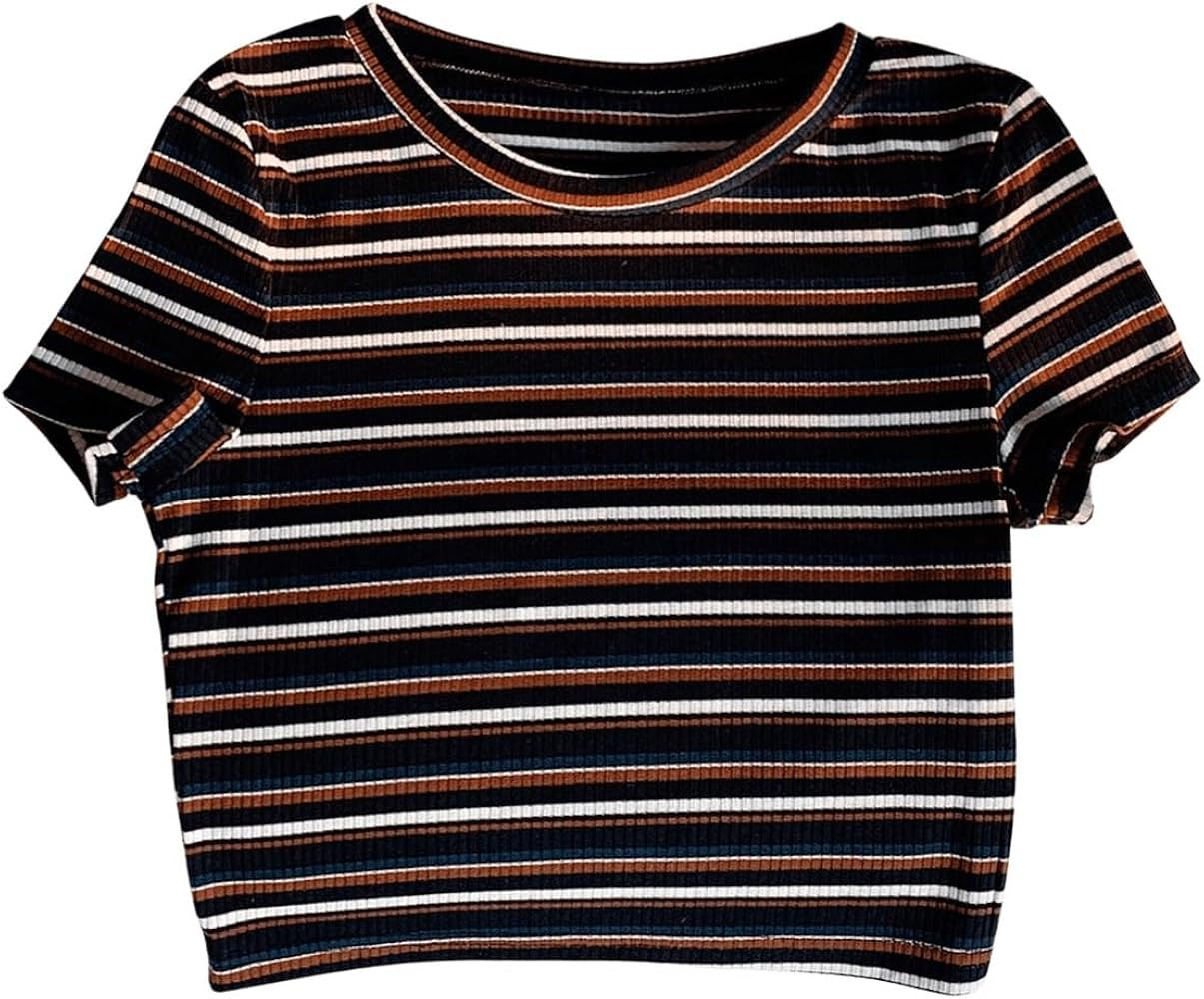 RoseSeek Women's Striped Colorblock T Shirt Short Sleeve Crew Neck Ribbed Knit Crop Tops | Amazon (US)