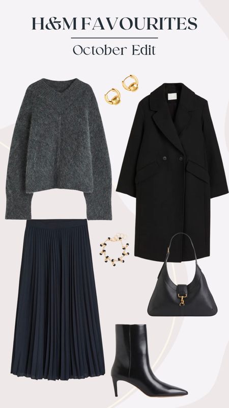 H&M favourites, textured grey juper, grey sweater, long double-breasted black coat, dark navy pleated skirt, black shoulder bag, gold-pleated hoop earrings, black angle boots hells, classic fashion, work outift ideas, workwear, office outfits, london fashion, autumn outfit ideas, fall outfits 

#LTKstyletip #LTKSeasonal #LTKworkwear