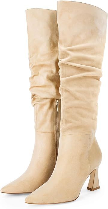 Coutgo Women's Slouchy Knee High Boots Wide Calf Pointed Toe Side Zipper Chunky Heel Long Boots W... | Amazon (US)