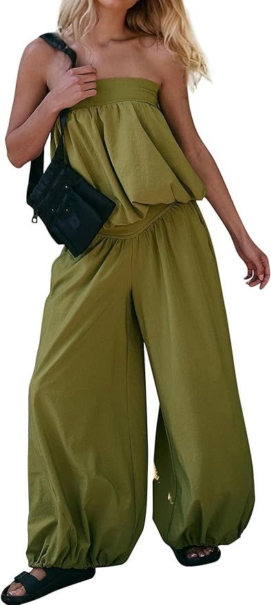 Women Summer 2 Piece Outfits Bubble Off Shoulder Strapless Tube Top Wide Leg Long Pants Lounge Se... | Amazon (US)