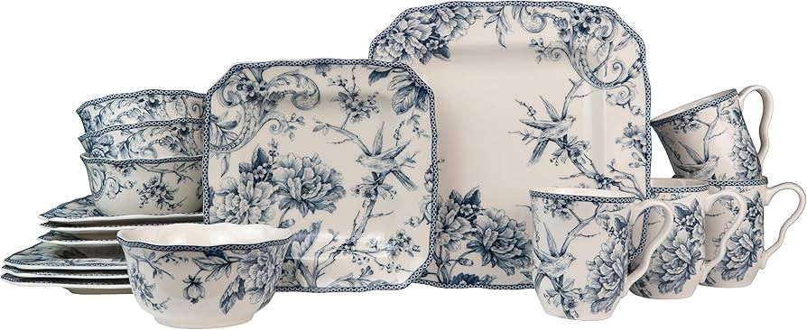 222 Fifth Adelaide Blue 16-Piece Floral Porcelain Dinnerware Set | Microwave and Dishwasher Safe ... | Amazon (US)