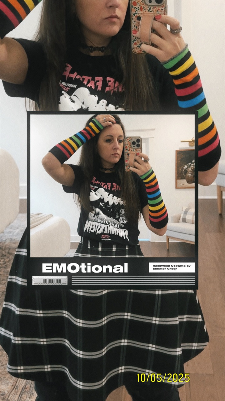 I underwent an EMO-tional transformation for my nieces 14th birthday party. 🖤🩷 This would make a great Halloween costume idea, if you’re looking for something dramatic, comfortable, & easy to pull together. 

I already had the black jeans, plaid skirt, and nail polish, so the only things I bought was a printed tee, chocker necklace (you could also easily make with black ribbon if you have some laying around), and black & color striped socks I cut into the 2000s emo/seen armbands I remember being so popular. 

Then, I straighten my hair, painted my nails, added some heavy black eye liner, and I was all set!

If you have black or checkered converse and an emo style belt…even better! Links for my emo look in my stories. 
.
.
.
.
.
.
.
Easy Halloween Costume | Easy Costume | Comfortable Halloween Costume | 2000s Costume | Easy Halloween Costumes

#LTKHalloween