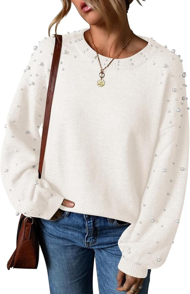 Pink Queen Pearl Sweater for Women 2025 Fashion Fall Winter Chunky Crewneck Lantern Sleeve Loose ... | Amazon (US)