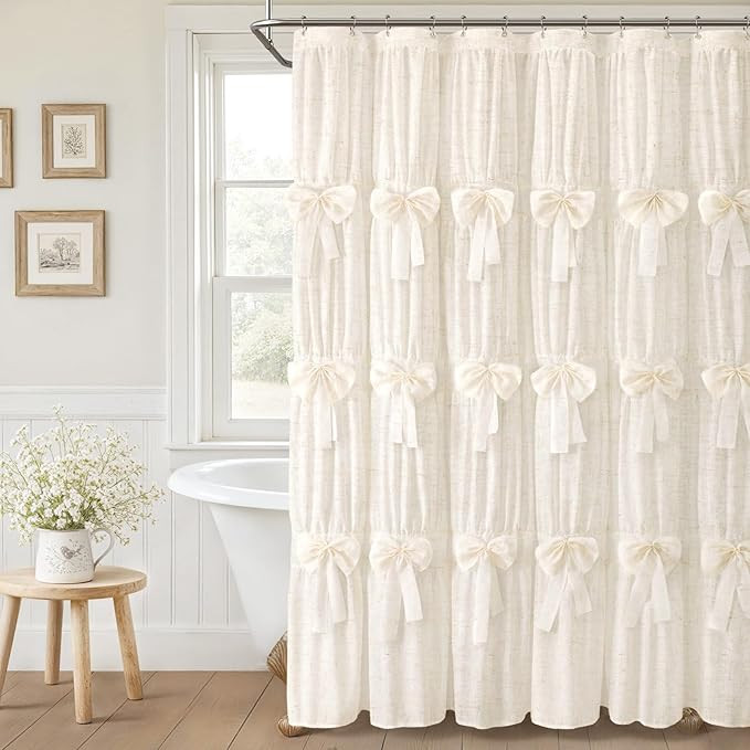 Linen Ruffle Shower Curtain with Handmade Bows - Vintage Farmhouse Shower Curtain for Bathroom,Cr... | Amazon (US)
