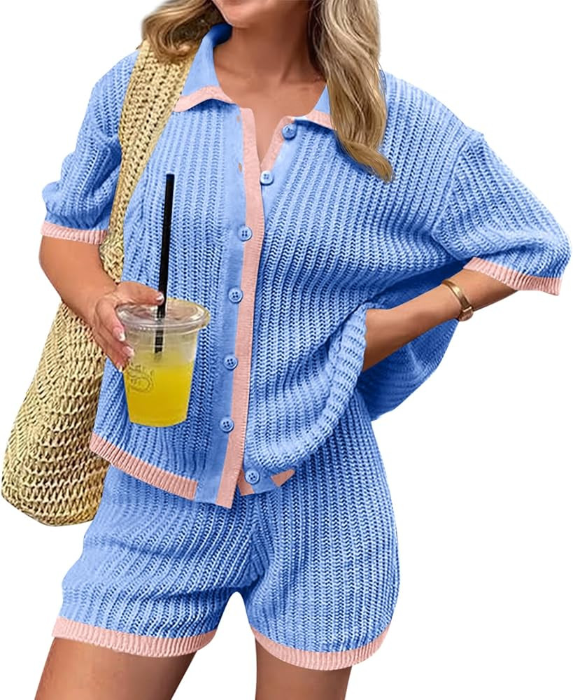 Cicy Bell Womens 2 Piece Short Sets Summer Short Sleeve Collared Tops Beach Vacation Cover Up Cro... | Amazon (US)