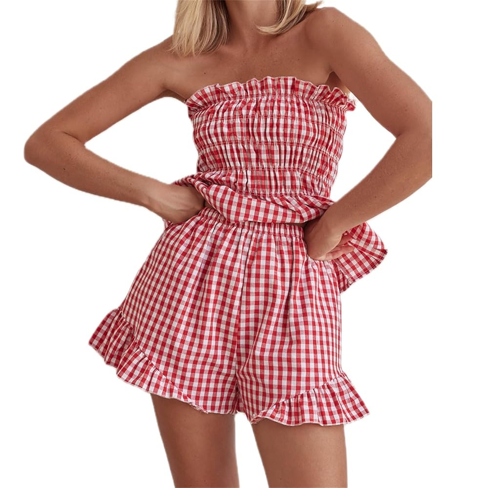 Miqil Women Ruffle Shorts Set Y2K Sleeveless Elastic Ruched Hem Tube Top Shorts 2 Piece Cute Summ... | Amazon (US)