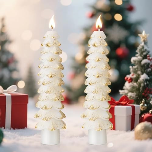 Ceoighe 2 Pack Christmas Tree Candles, 5 Inch Unscented Tree Shaped Taper Beeswax Candles for Christmas Holiday Decor Table Centerpiece Display Party Banquet Gift (White with Gold Trim) | Amazon (US)
