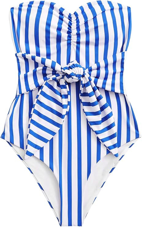 SweatyRocks Women's One Piece Bandeau Striped Knot Front Swimsuit Bathing Suits Blue L | Amazon (US)