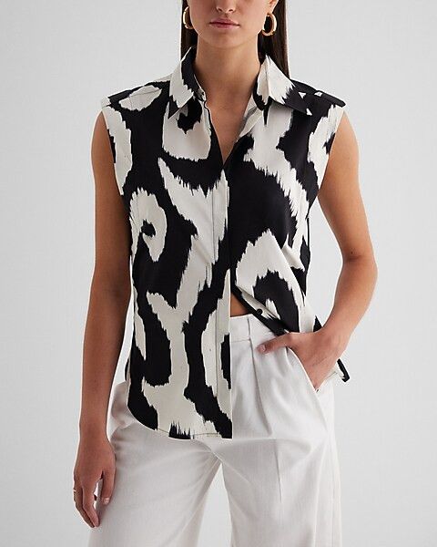 Printed Tapered Sleeveless Button Up Shirt | Express