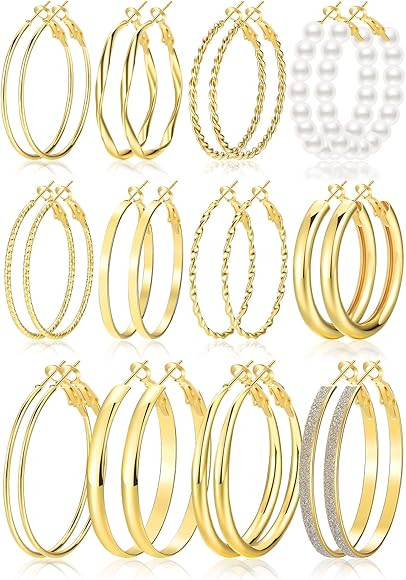Gold Hoop Earrings Set for Women, 12 Pairs Hypoallergenic Large/Big Thin Thick Gold Hoops Earring... | Amazon (US)