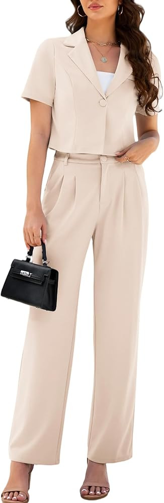 AGSEEM Womens Suits 2 Piece Set Business Short Sleeve Cropped Blazer and Wide Leg Pants Set Offic... | Amazon (US)