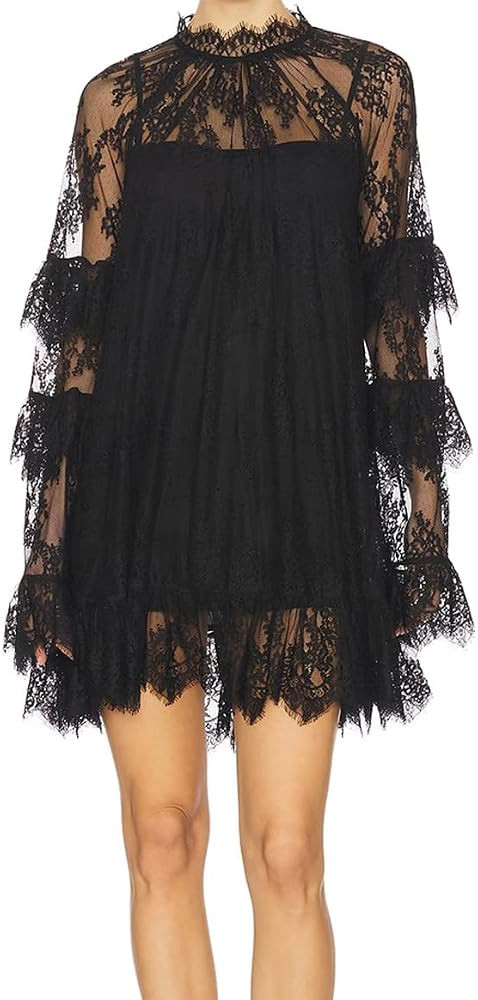 Amiblvowa Sheer Floral Lace Cape Dress Women Ruffle Hem Sexy See Through Short Dress Y2K Going Ou... | Amazon (US)