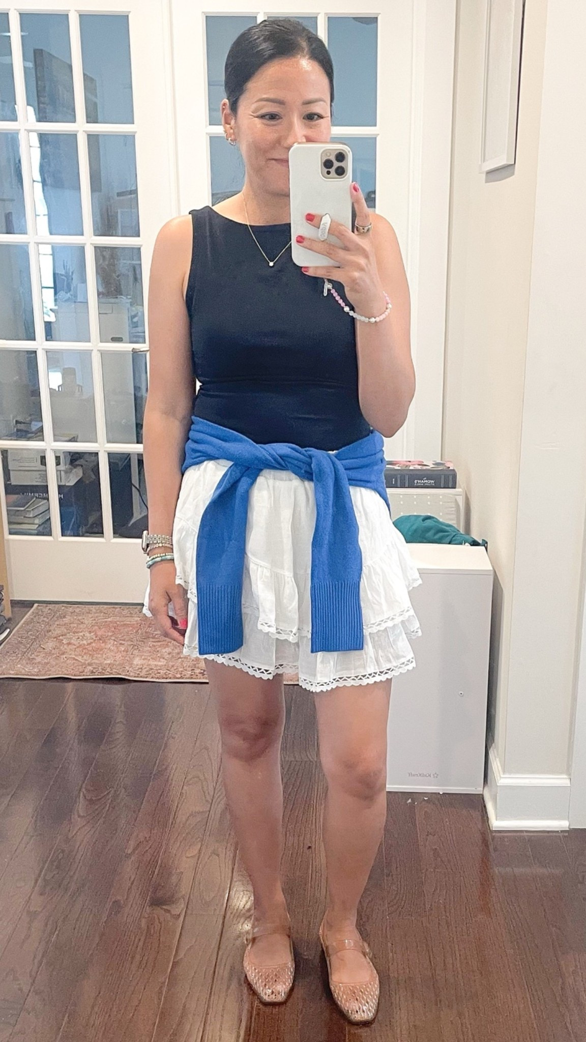 Size small tank 
Size small tall cardigan
Size small skort 
Flats are true to size

#LTKOver40 #LTKSeasonal #LTKootd