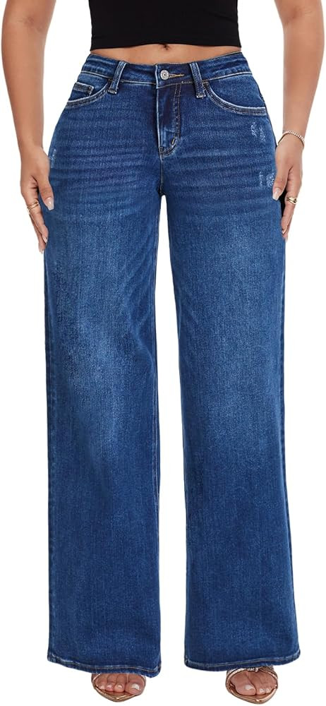 ONESO Wide Leg Jeans for Women Mid Low Rise Baggy Stretchy Denim Pants | Amazon (US)
