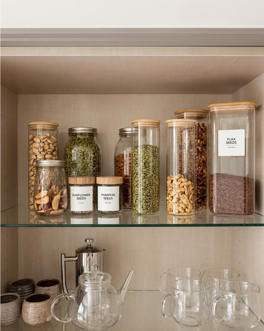 Coffee bar pantry ideas. I'm always adding nuts and seeds in my breakfast yogurt or smoothies. I love these jars from Amazon. I also love these cappuccino glass cups! I have all the items in my cabinet linked. 

#LTKHome #LTKfoodie #LTKdayinmylife