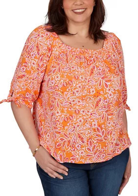 Ruby Rd Women's Plus Size Paisley Print Tie Sleeve Knit Top, 1X | Belk