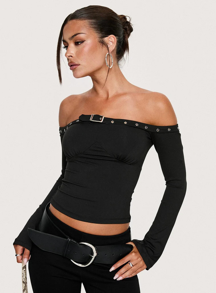 Mansa Off Shoulder Buckle Detail Top Black | Princess Polly US