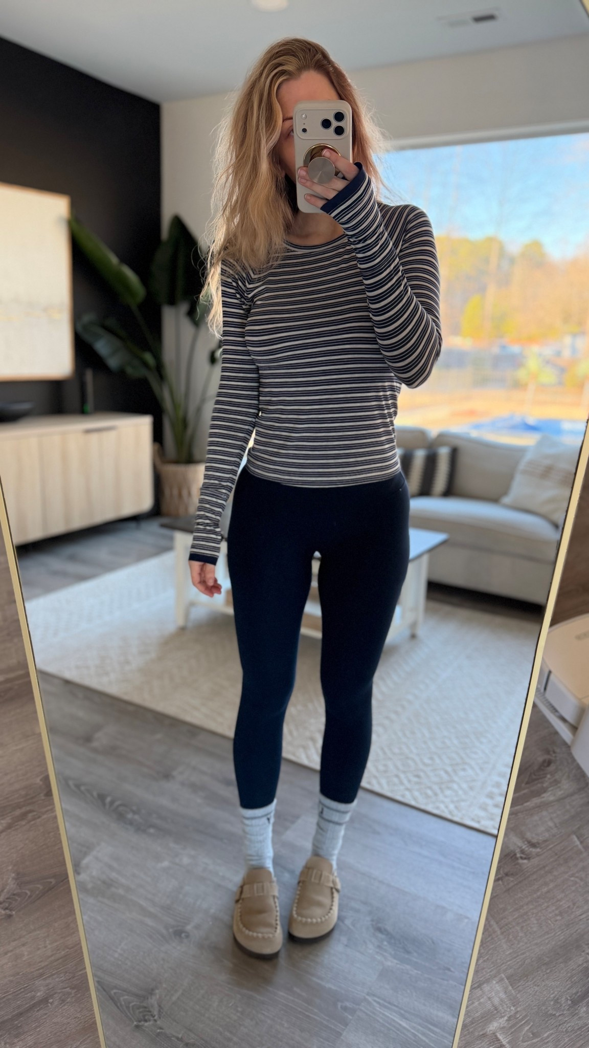Loving this cute stripe shirt I just got from aerie!! I’m wearing size medium (5’7” 140lbs for reference) paired with some blue leggings comfy socks and oversized sweatshirt!

#LTKdayinmylife #LTKfitnessgoals #LTKmorningroutine