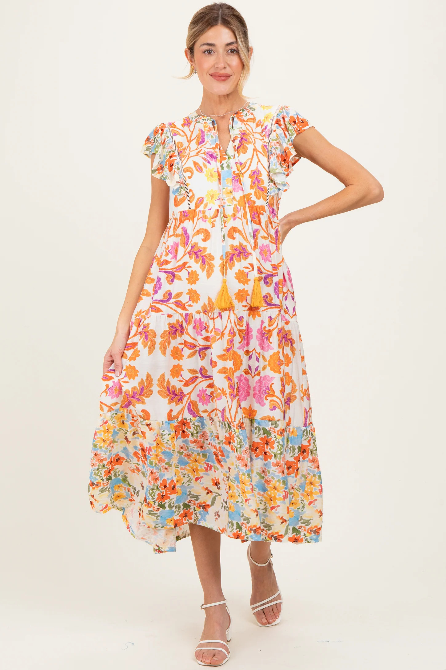 Orange Colorblock Floral Tassel Front Tie Maternity Dress | PinkBlush Maternity