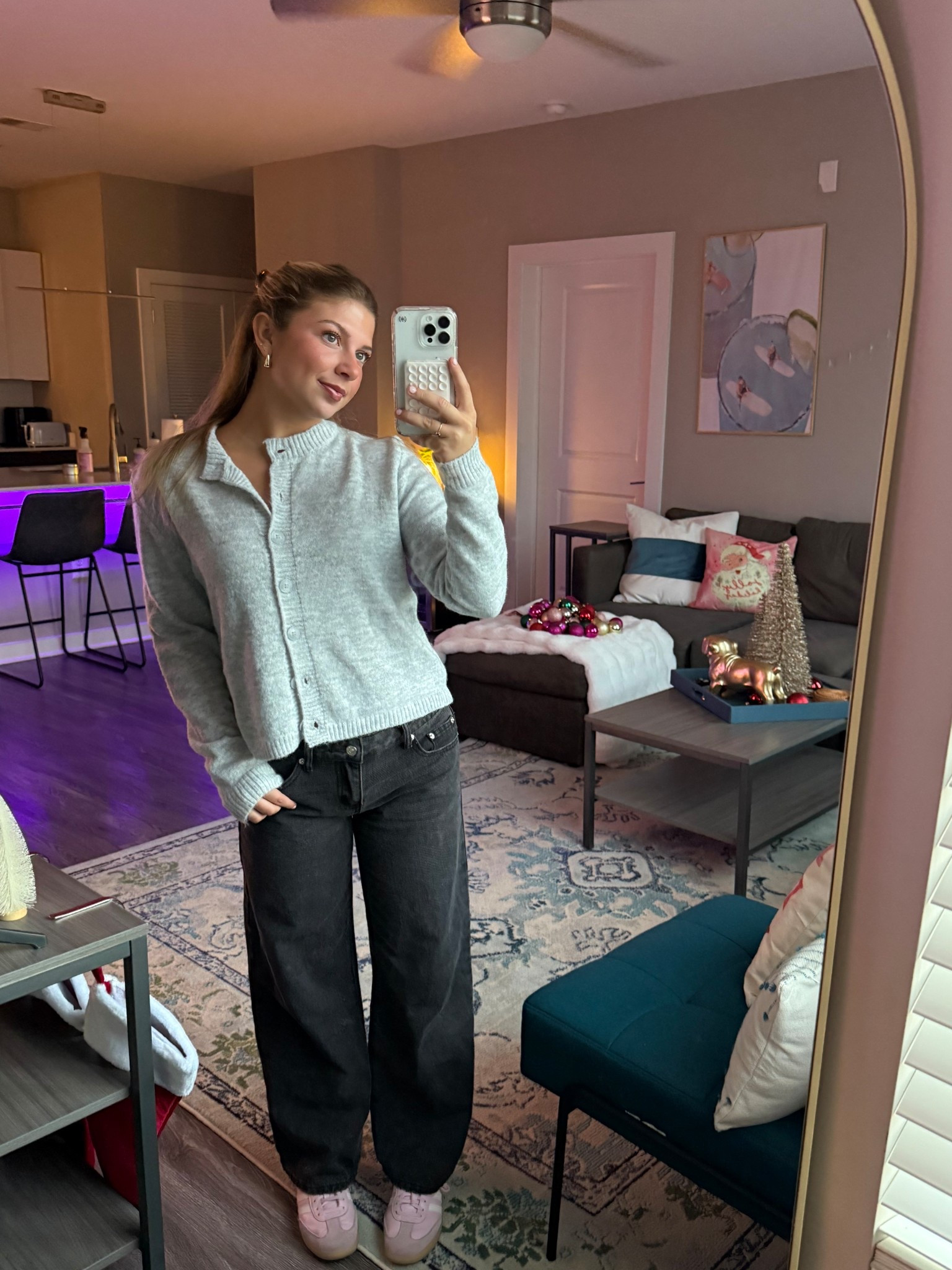 fall winter outfit
cardigan 
grey cardigan 
black jeans
black low rise jeans
wide leg jeans
petite jeans
pink shoes
sambas
pink sambas

#LTKStyleTip #LTKFindsUnder100 #LTKHoliday