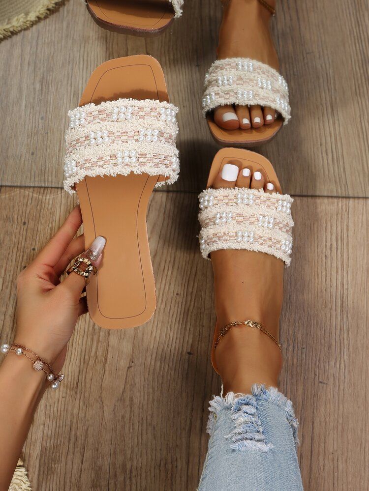 Faux Pearls Detail Flat Slide Sandals | SHEIN