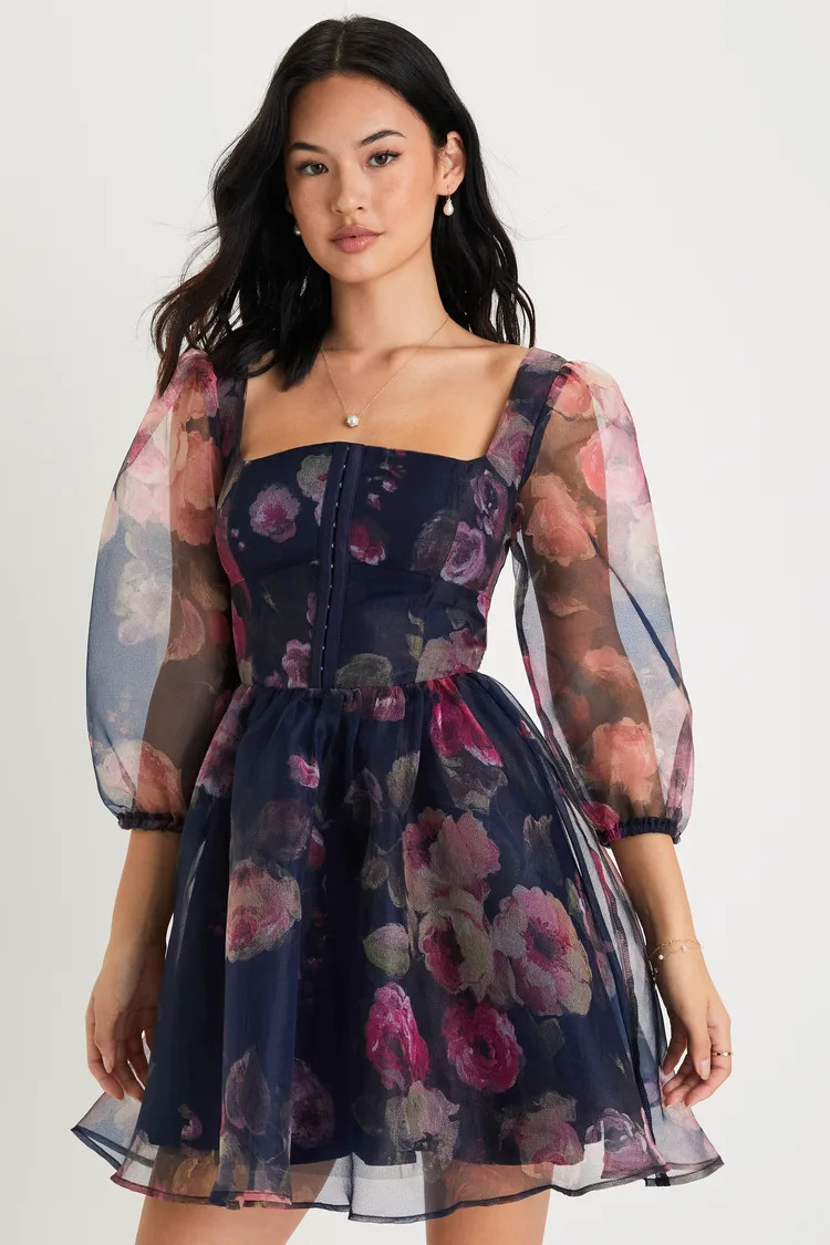 Lovely Idea Navy Blue Floral Three-Quarter Sleeve Skater Dress | Lulus (US)