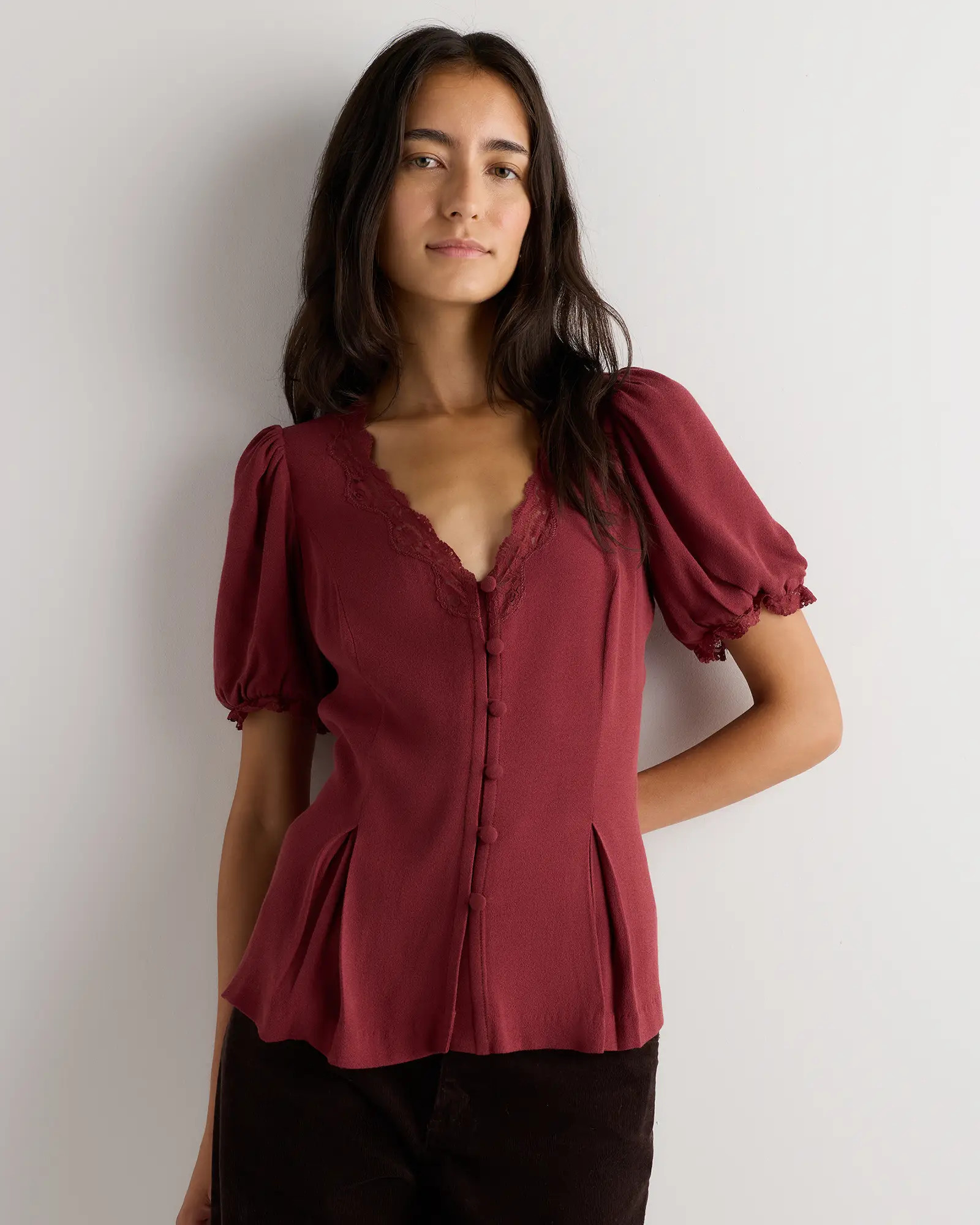 Lightweight Crepe Lace Puff Sleeve Blouse | Quince