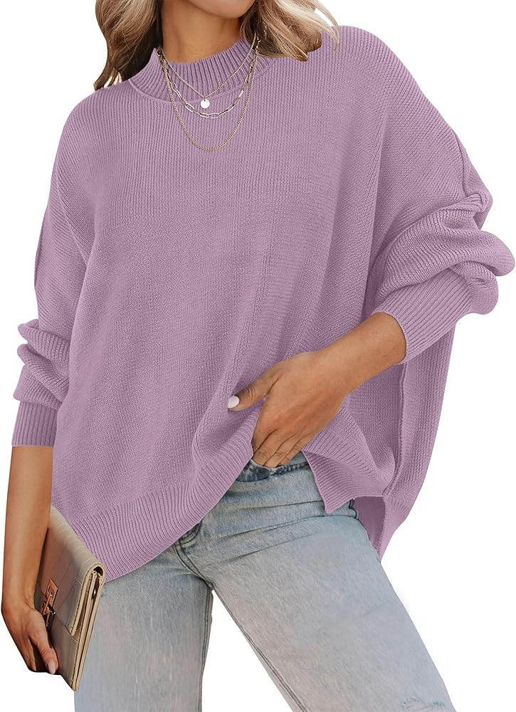 ZESICA Women's Fall 2026 Casual Long Sleeve Crew Neck Side Slit Oversized Ribbed Knit Pullover Sw... | Amazon (US)