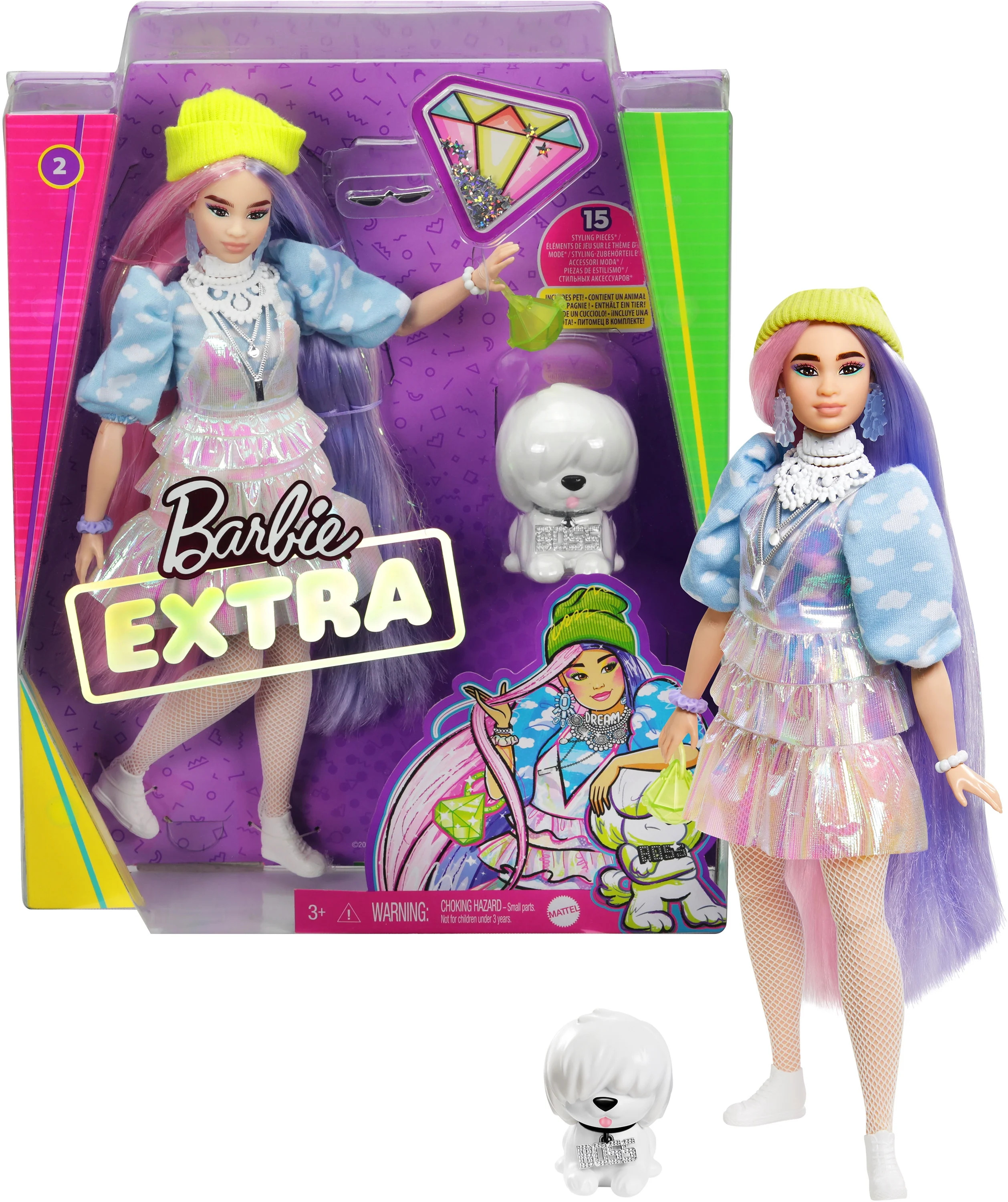 Barbie Extra Doll 2 in Shimmery Look with Pet Puppy, Pink and Purple Fantasy Hair | Walmart (US)