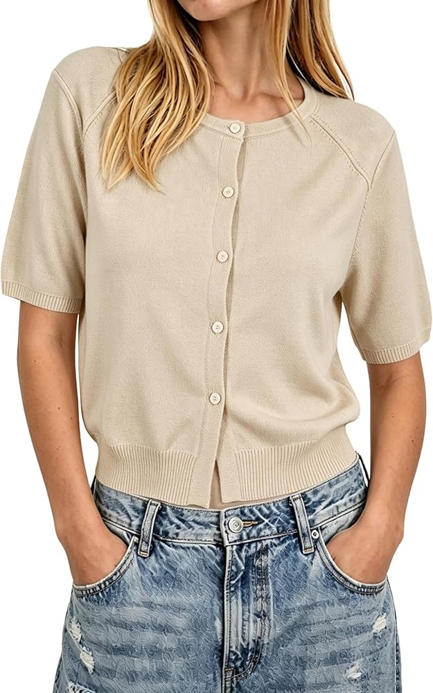 AMEBELLE Cropped Cardigan for Women Short Sleeve Ribbed Knit Button Up Shirt Lightweight Crewneck... | Amazon (US)