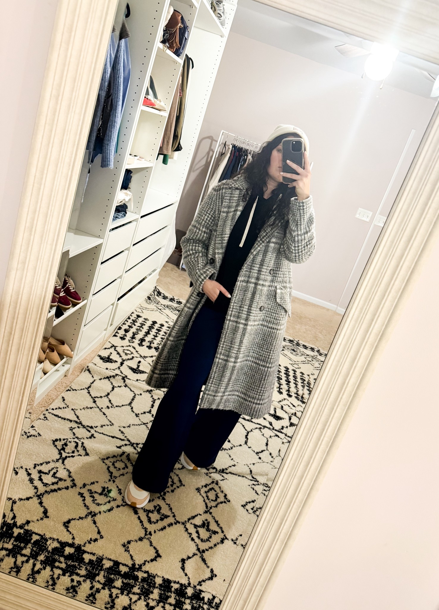 Rainy day #ootd. Plaid coat, Spanx Air Essentials wide leg pants, black fleece lined hoodie and Cole Shawn sneakers 

#LTKFindsUnder100 #LTKootd #LTKSaleAlert